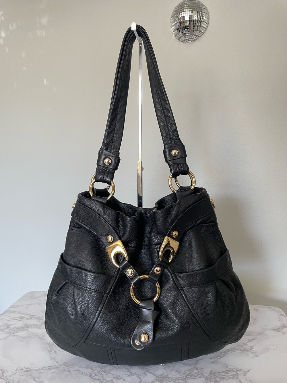 B. Makowsky Black Glove Leather Slouchy Hobo Shoulder Bag Gold Y2K Vintage